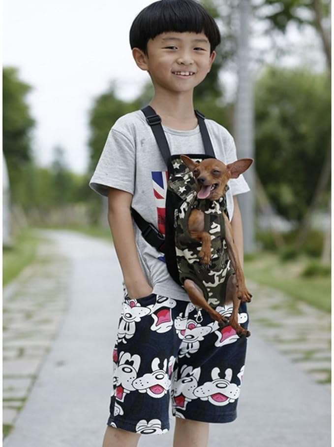 Pet Dog Puppy Cat Carrier Five Holes Backpack Double Shoulder Straps Canvas Cotton Front Chest Backpack Bag (Camouflage, Small)