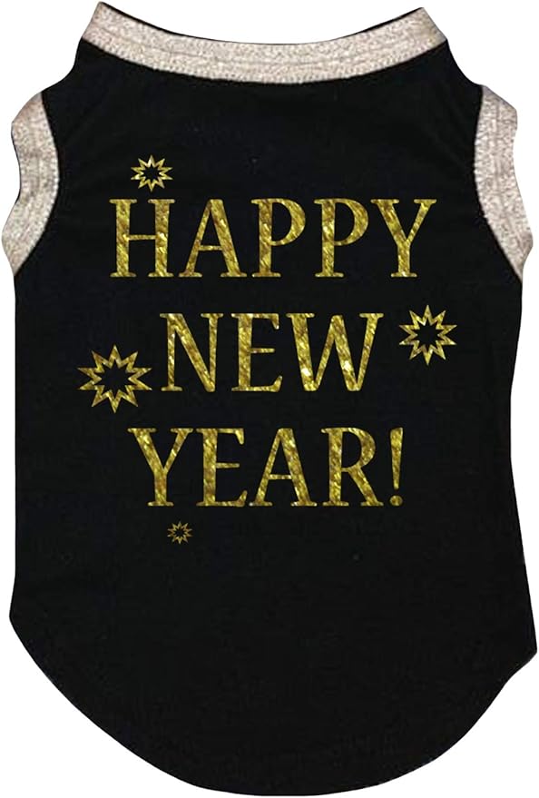 Petitebella Bling Happy New Year Puppy Dog Shirt (Black/Gold, XX-Large)