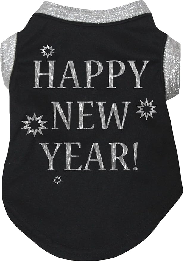 Petitebella Bling Happy New Year Puppy Dog Shirt (Black/Sliver, Medium)