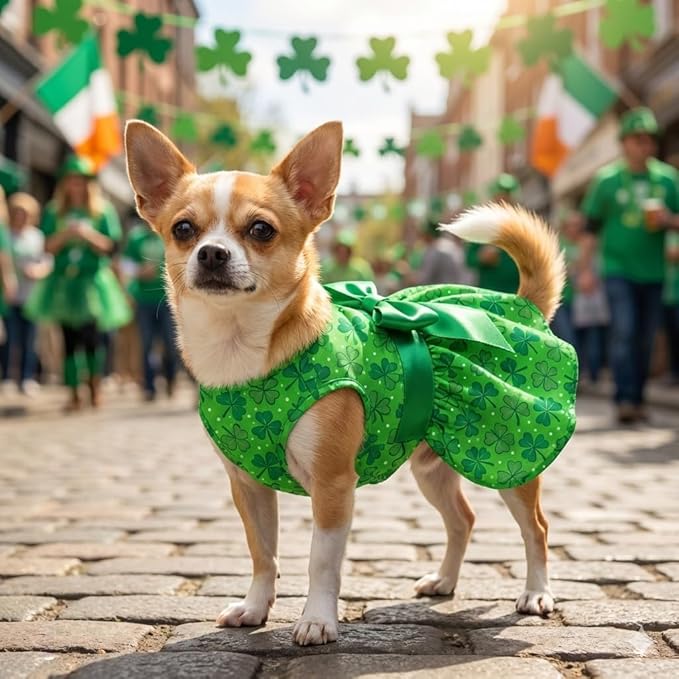 St. Patrick's Day Dog Dress Custom Name Puppy Outfit with Clover Cute Pet Skirt for Small Dogs & Cats
