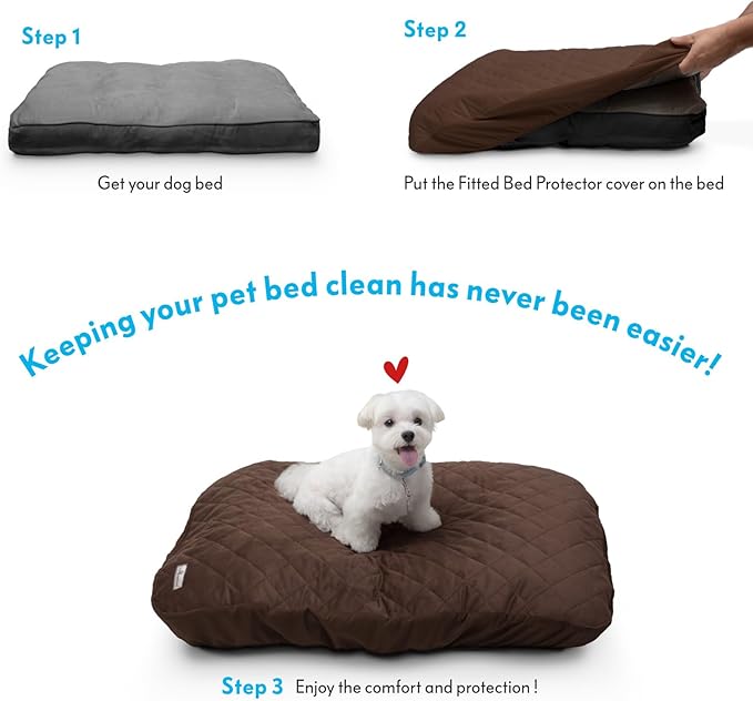 Paw Inspired Waterproof Fitted Cover for Dog Bed | Washable Bed Protector for Dog Mattress | Removable Replacement Cover for Large to XL Pet Bed (Dark Brown, 44 x 35 x 6 Inch)