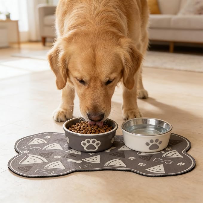 Dog Food Mat, 0.15” Thickened Super Absorbent Pet Feeding Mat for Food and Water, Fruit Donut Pattern Cat Placemat, Quick Dry Non-Slip Dog Bowl Mat, Water Splash Proof(Small Watermelon Grey)