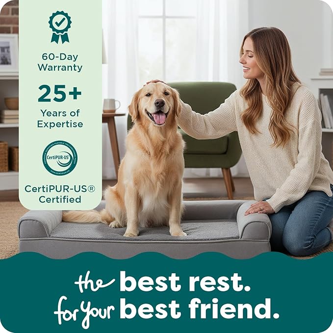 Furhaven Orthopedic Dog Bed for Large/Medium Dogs w/ Removable Bolsters & Washable Cover, For Dogs Up to 55 lbs - Faux Fur & Velvet Sofa - Dark Sage, Large