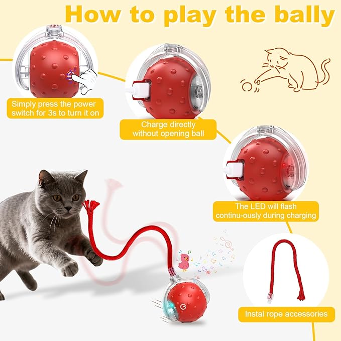Interactive Cat Toys Ball for Indoor Cats&Dog,Automatic Cat Toy with Smart Obstacle Avoidance,Bird Chirps & Auto Wake-Up,Includes 4 Cat Spiral Spring,Cat Enrichment Toys for Indoor Cats(Red)