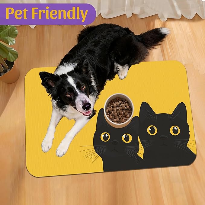 Cute Black Cat Peeking Pet Bowl Mat, Absorbent Placemat for Food and Water, Waterproof Non-Slip Rubber Base – 16x24 Inch