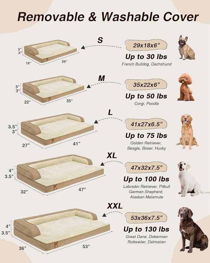 KSIIA Washable Dog Bed XXXL Senior Dog, Orthopedic Warm Soft Pet Sofa Waterproof Pet Couch with Sides, Non-Slip and Egg-Crate Foam Jumbo Beds with Removable Cover, 53x36Inch, Brown
