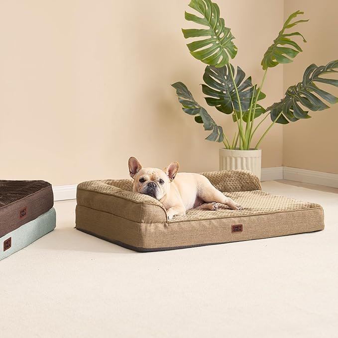 EHEYCIGA Large Dog Bed Memory Foam for Crate, Orthopedic Dog Bed Large Size Dogs with Washable Removable Cover, Waterproof Pet Sofa Couch with Nonskid Bottom, 35x22x6, Camel