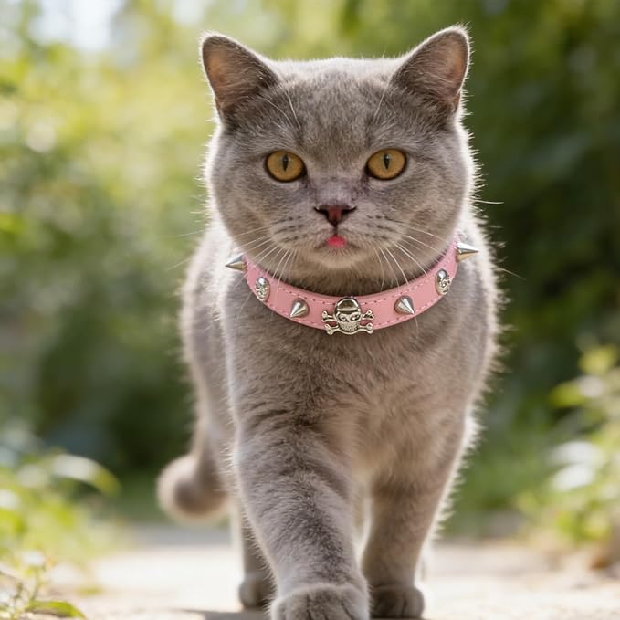 EXPAWLORER Cat Collar for Girl Boy Cats- Adjustable Leather Pet Collar with Safety Elastic Belt,Personalized Punk Accessories Buckle Collars with Bell & Durable D-Ring,Skull & Rivet(Pink)