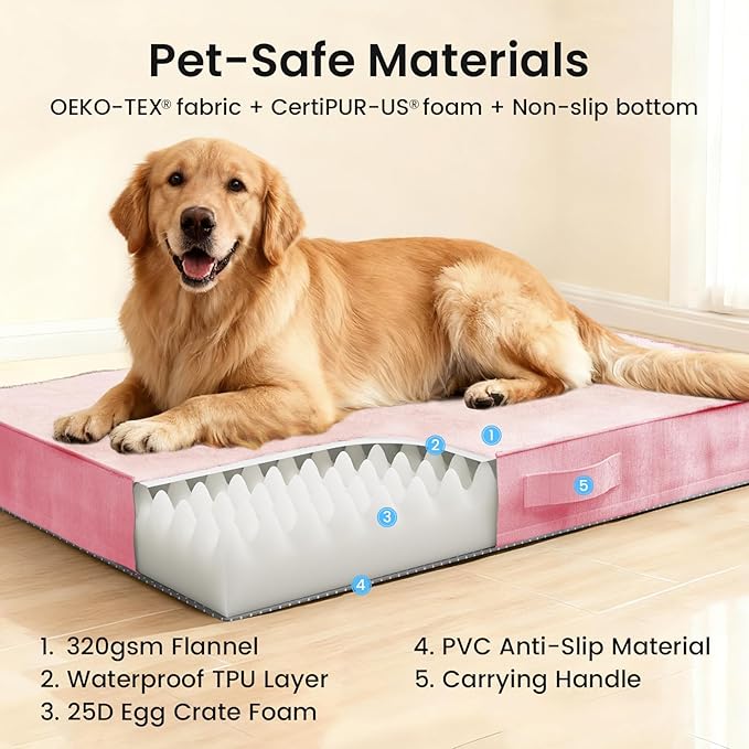 OhGeni Orthopedic Waterproof Dog Bed for Large Dogs, Machine-Washable Removable Cover in Easy-Clean Fabric, High Density Foam & Easy-Carry Handle, Wider and Larger, 44 inch (Pink)