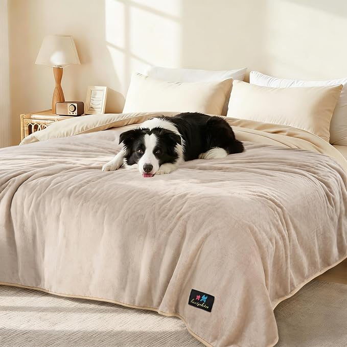 Luciphia Waterproof Pet Blanket, Liquid Pee Proof Dog Blanket for Sofa Bed Couch, Reversible Sherpa Fleece Furniture Protector Cover for Small Medium Large Dogs Cats, Khaki+Beige Large(65" x 57")