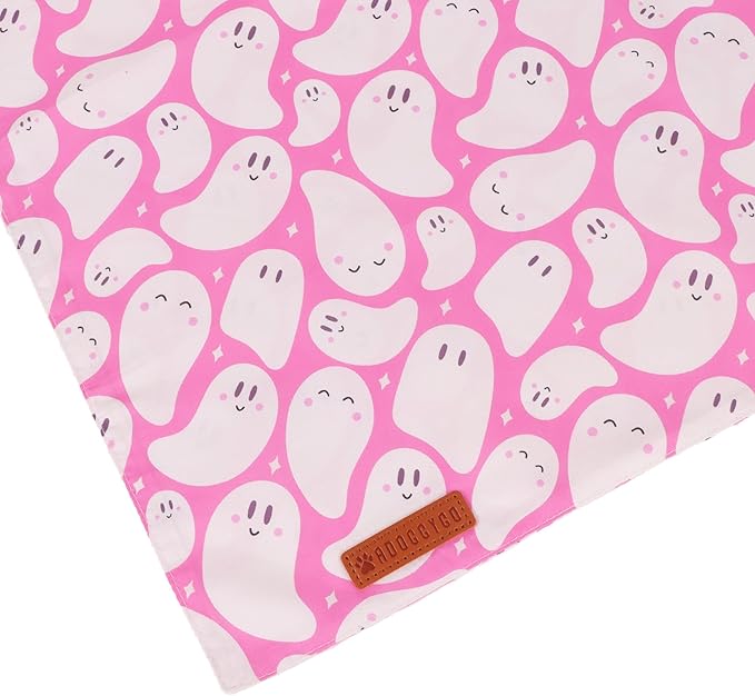 ADOGGYGO Pink Halloween Dog Bandanas 2 Pack, Reversible Ghost Pumpkin Scarf Bib, Adjustable Fit Pink Halloween Bandana for Medium Large Dogs Girl (Large)