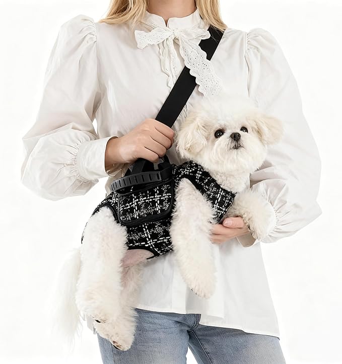 Dog Lift Harness Dog Carrier Adjustable Breathable Vest Straps for Small Medium Pet Treat Bag Fashion Outdoor Hiking (Black XL 19-25lb)