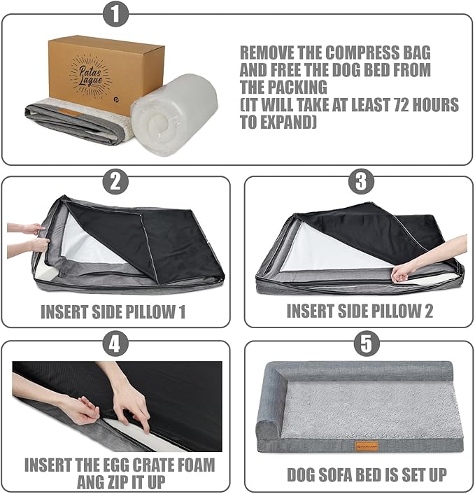 Patas Lague Orthopedic Jumbo Dog Bed for Extra Large Dogs 56''X40'', Waterproof L Bolster Pet Sofa Beds with Removable Washable Cover, Soft Comfortable Pet Couch Crate Mat with Nonskid Bottom, Black