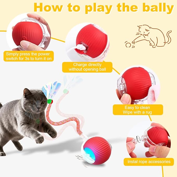 Interactive Cat Toys Ball for Indoor Cats&Dogs,Automatic Cat Toy 360° Auto-Rotation Smart Obstacle Avoidance,Includes 4 Cat Spiral Spring,Cat Enrichment Toys for Indoor Cats (RedYellow)