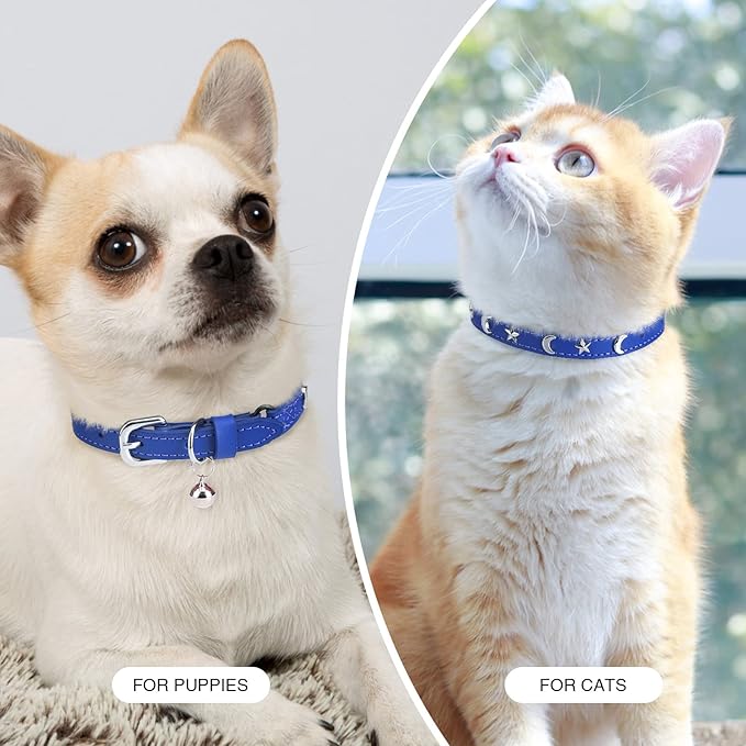 Leather Cat Collars for Boy Girl Cats with Bell and Safety Elastic Belt, Personalized Star and Moon Stud Adjustable Safe Buckle Collar for Kitty Small Big Cats Size 8-12 Inch, Blue