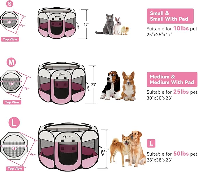 Dog Cat Playpen, Puppy Pet Playpen Indoor for Dog Crate Tent Cage Outdoor, Portable Pop Up Dogs Enclosure Kennel with Carrying Case for Dogs/Cats/Rabbits (Pink with Pad, Medium)