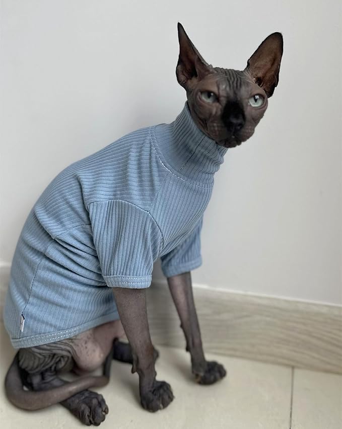 Sphynx Hairless Cats Shirt Cotton Cat Turtleneck Sweater Pullover Kitten T-Shirts with Sleeves Cat Pajamas Jumpsuit for Sphynx Cornish Rex, Devon Rex, Peterbald (Small (Pack of 1), Sky Blue)