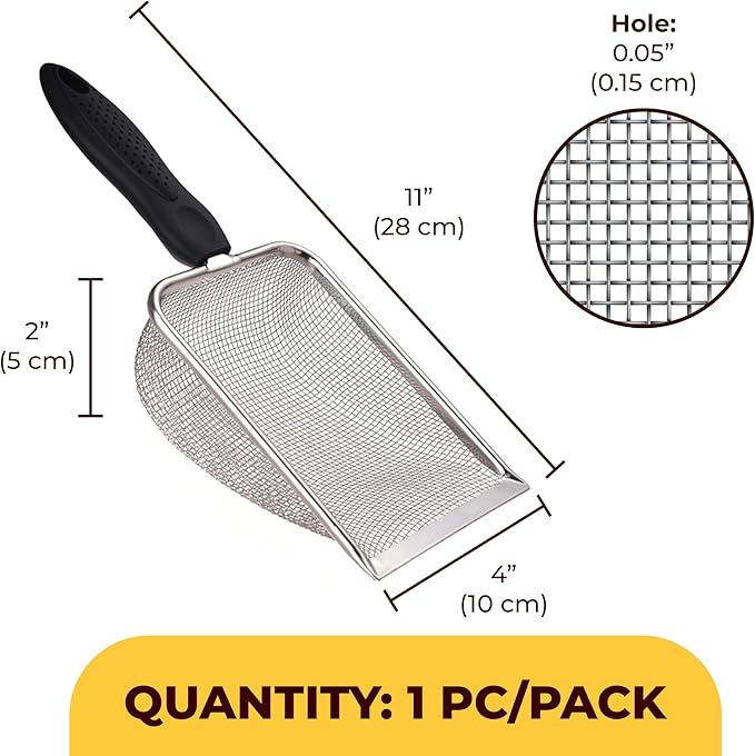 SunGrow Reptile Sand Scoop, Stainless Steel Fine Mesh Net for Lizard, Gecko, Snake Habitat, Substrate and Gravel Sifter, Black Non-Slip Handle Sifter, 11” x 4” x 2”, 1 Pc
