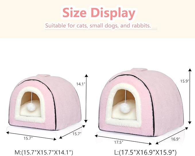 Cat Bed for Indoor Cats,Foldable cat cave,Anti-Slip & Water-Resistant Bottom,cat Houses for Indoor Cats or Small Dogs, Kitten Tent, Rabbit Bed (Pink, L:(17.5"×16.9"×15.9"))