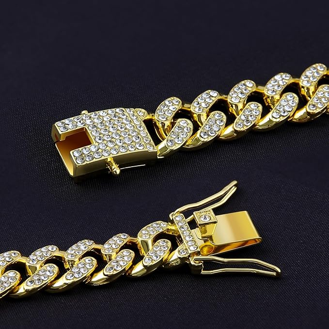 Dog Chain Designer Gold Crystal Pet Collar Cuban Link Chain with Secure Buckle Luxury Adjustable Necklacefor Small Medium Large Dogs Cats(Glod 12inch)