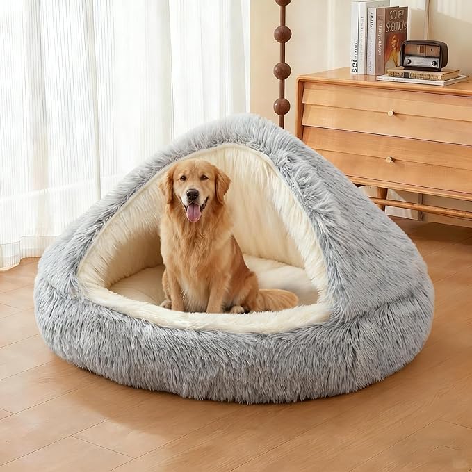 ShinHye Round Plush Fluffy Hooded Cat Bed Cave, Cozy for Indoor Cats or Small Dogs, Waterproof Bottom, Washable(35 in)