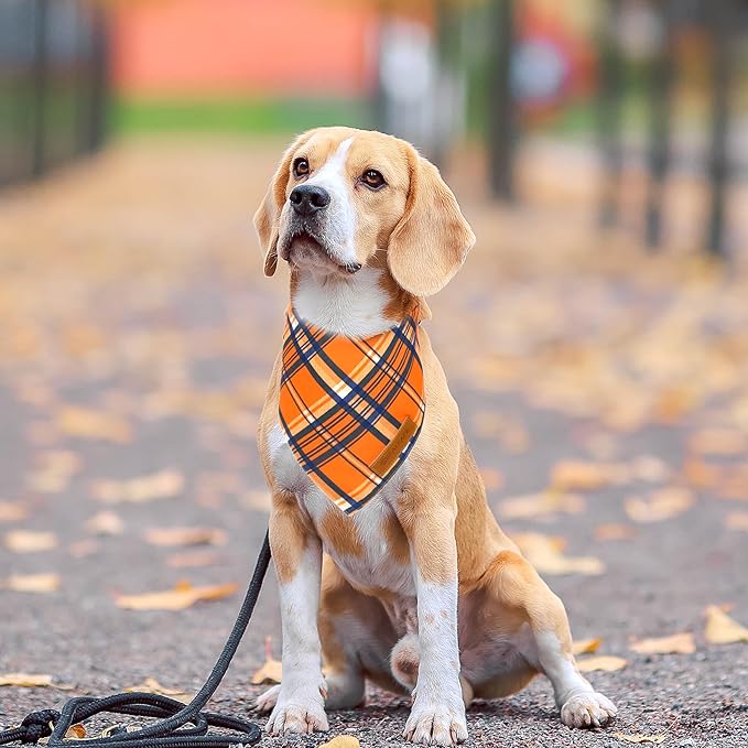 Realeaf Fall Dog Bandanas 2 Pack, Reversible Orange Plaid Holiday Pet Scarf for Boy and Girl, Premium Durable Fabric, Halloween Thanksgiving Bandana for Medium and Large Dogs (Large)