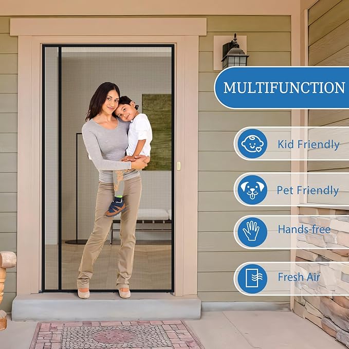 Magnetic Screen Door Left Right Side Opening Upgraded PET Mesh Greater Than Fiberglass and Polyester,Keep Bugs Out,Pet & Kid Friendly,Suitable for Sliding Doors,Patio French Doors-72" X 82"