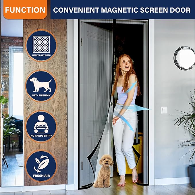 Magnetic Screen Door, Heavy Duty Door Screen Magnetic Closure Keep Bugs Out,Pet & Kid Friendly,Hands Free Door Screen Fit Door Size 36 x 96 Inches Black