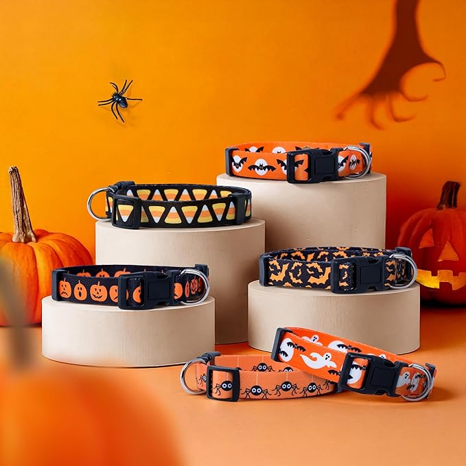 Native Pup Halloween Dog Collar- Spooky Fall Themed Horror Costume Collars- Skull, Pumpkin, Ghost, Bat, Witch, Candy Corn, Spider- Adjustable for Small, Medium, Large Breeds (Small, Ghosts)