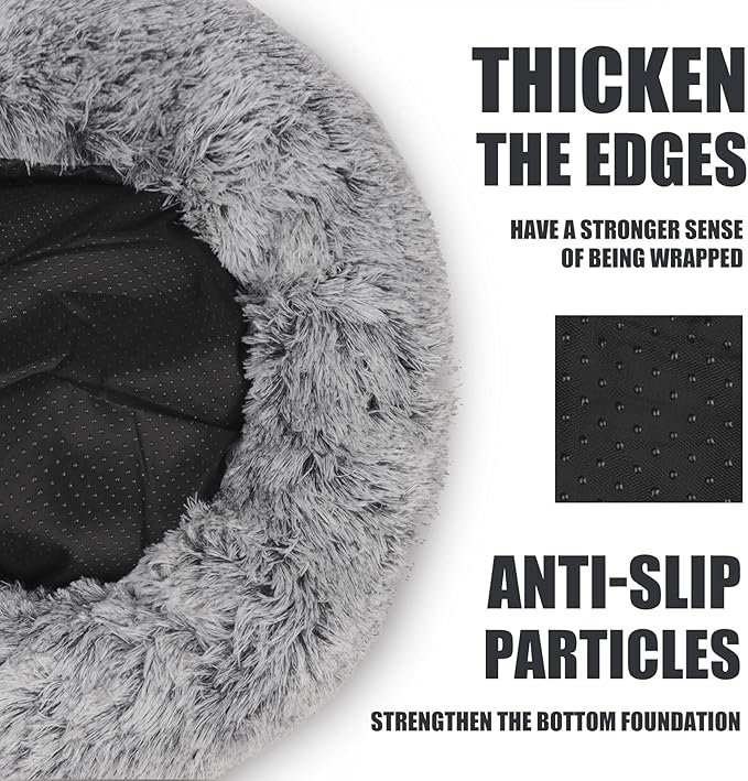 ShinHye Cat Bed Round Plush Fluffy Hooded Cat Bed Cave, Cozy for Indoor Cats or Small Dog beds, Soothing Pet Beds Doughnut Calm Anti-nxiety Dog Bed - Waterproof Bottom Washable (20×20inch, Grey)