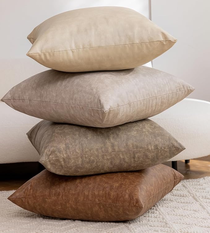 Pack of 4 Oversized Faux Leather Neutral Decorative Throw Pillow Covers 24x24 inch, Soft Modern Boho Luxury Waterproof Floor Cushion Cases, for Outdoor Lounge Sofa Couch Bed Home Decor