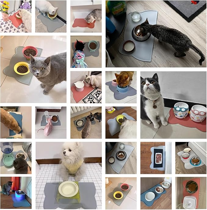 Cat Food Mat, Silicone Pet Feeding Mat for Floor Non-Slip Waterproof Dog Water Bowl Tray Cushion (20" x 12", Light Gray)