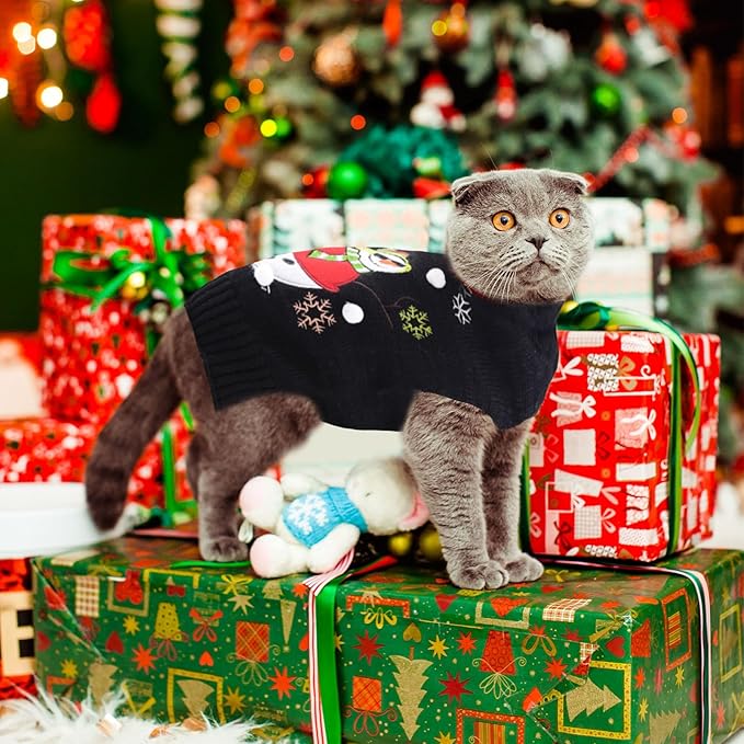 Christmas Dog Sweaters Xmas Pet Outfit Clothes Cute Black Snowman Costume Puppy Cat Knitted Jumpers (L,Black Snowman)