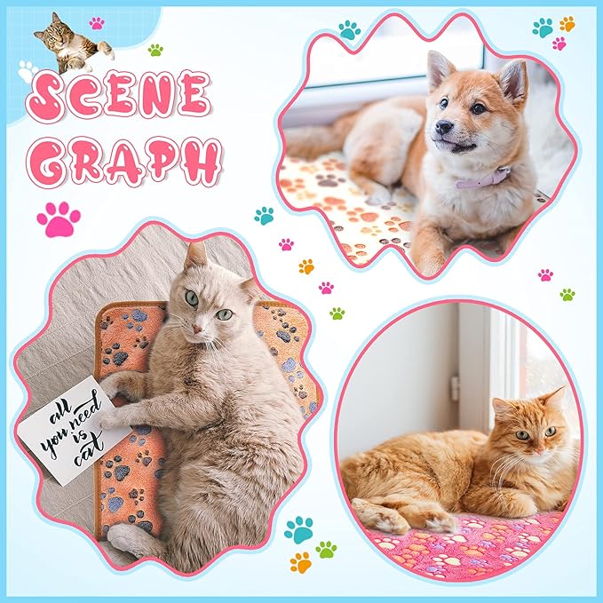 Tatuo 4 Pcs Dog Blanket for Pet Cat Blankets Indoor Puppy Teething Stuff Toys Paw Print Fleece Soft Blanket Sleep Mat for Guinea Pig Cage(Pink,Small(24 x 16 Inch),Square)