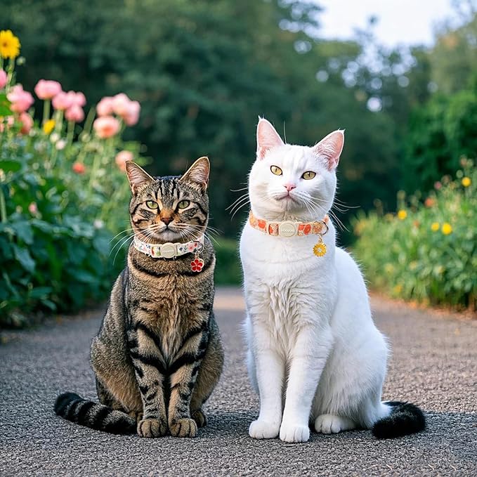 2 Pack Flower Cat Collars Breakaway with Bell, DOGWONG Safety Buckle Rose Floral Cute Cat Collar for Girl Boy Cats,Adjustable 7-12 Inch