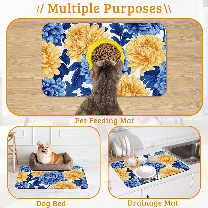 Blue Yellow Flowers Dog Food Mat,Absorbent Pet Feeding Mat for Food and Water Bowl,Quick Dry Dog Placemat Non Slip Rubber Backing Waterproof Pet Supplies 16" x 24"