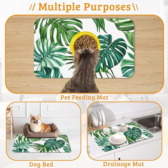 Dog Bowl Mat,Leaves Pet Feeding Mat for Floors Waterproof,Tropical Palm Absorbent Dogs Placemat for Food and Water Quick Dry Pet Cat Feeding Mats with Non Slip Bottom 12" x 20"