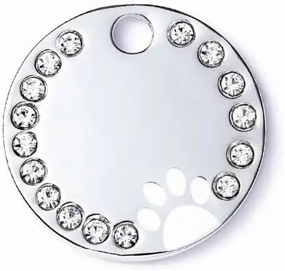 Personalized Dog/Cat Cute Paw Pet ID Tag for Pet Collar or Key Chain - Custom Laser Engraved Unique Dog/cat Name tag with Phone Number (White, Crystals Round-Small)