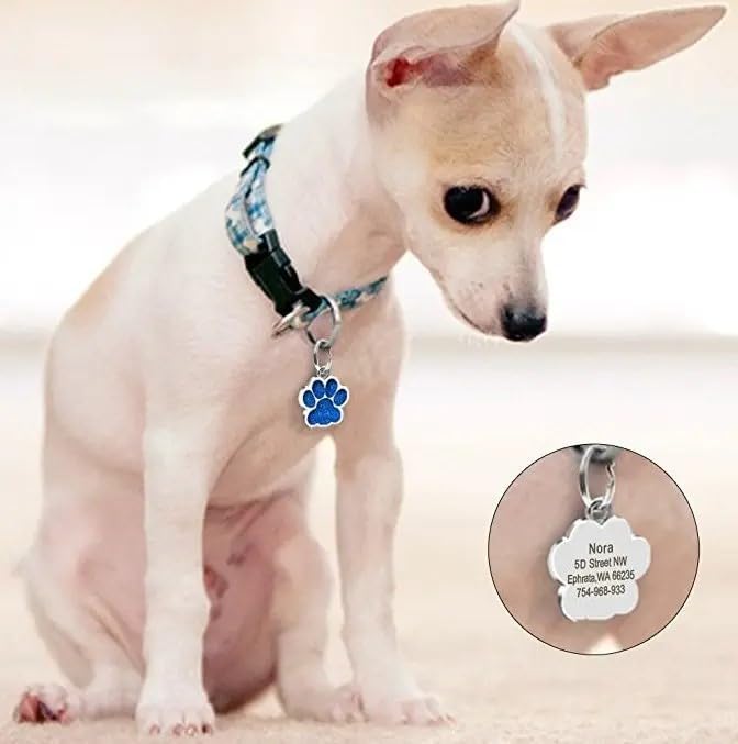 Cute Personalized Pet Name Tags for Cats/Dogs - Glitter Custom pet id tag, Dog id Tags Engraved for Pets, Customizable cat tag, pet Collar Charms, Dog Name tag (Paw-Shaped-Small: Pink)