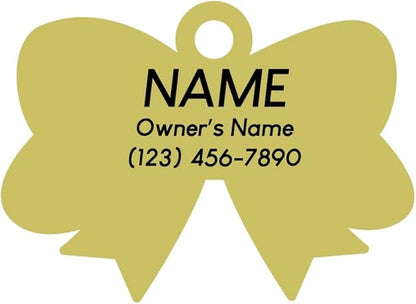 Two Tails Bow Pet ID Tag, Personalized Dog Name Tag with Custom Engraving, Cute Gold Bow Charm for Dogs & Puppies, Durable Brass with Gold Plating, Stylish Pet Accessory for Collars & Harnesses