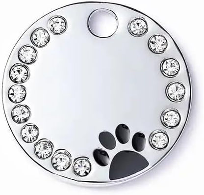 Personalized Dog/Cat Cute Paw Pet ID Tag for Pet Collar or Key Chain - Custom Laser Engraved Unique Dog/cat Name tag with Phone Number (Black, Crystals Round-Small)