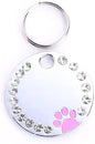Personalized Dog/Cat Cute Paw Pet ID Tag for Pet Collar or Key Chain - Custom Laser Engraved Unique Dog/cat Name tag with Phone Number (Pink, Crystals Round-Small)