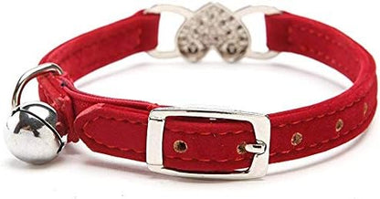 CHUKCHI Pink Soft Velvet Safe Cat Adjustable Collar with Crystal Heart Charm and Bells 8-11 Inches(Black+Red)