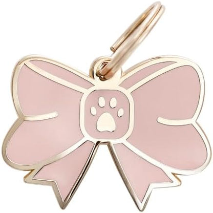 Two Tails Bow Pet ID Tag, Personalized Dog Name Tag with Custom Engraving, Cute Gold Bow Charm for Dogs & Puppies, Durable Brass with Gold Plating, Stylish Pet Accessory for Collars & Harnesses