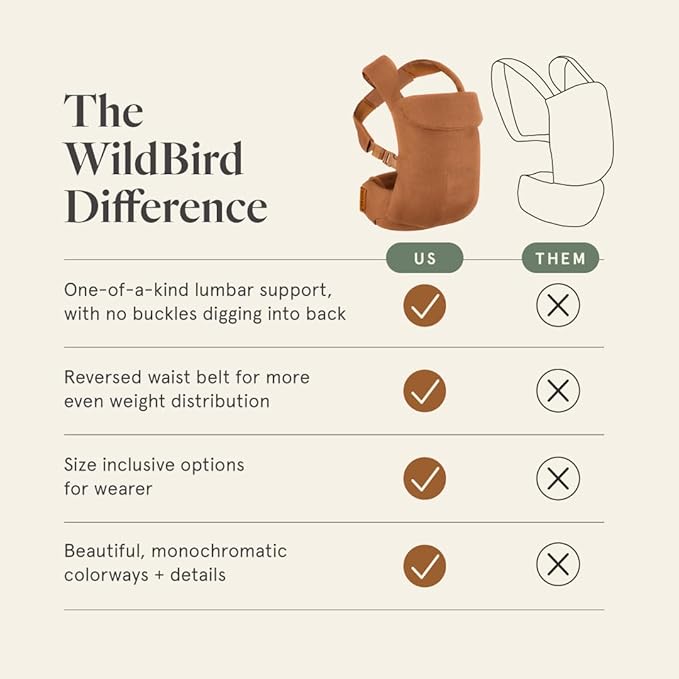 WildBird - Aerial Buckle Carrier - 2-24 Months - Standard (XS-XL) Desert Lark - Front & Back Carry - Cross Straps, Lumbar Support, Headrest, Hip Healthy, Baby Carrier - Baby Essentials - New Mom Gifts