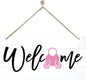 Welcome Sign for Front Door, Welcome Decor Wooden Hanging Sign for Wall Decor, Pink bunny' Pattern Wall Signs, Rustic Funny Wooden Outdoor Front Door Hanging Decoration 13.8X6.9 inches