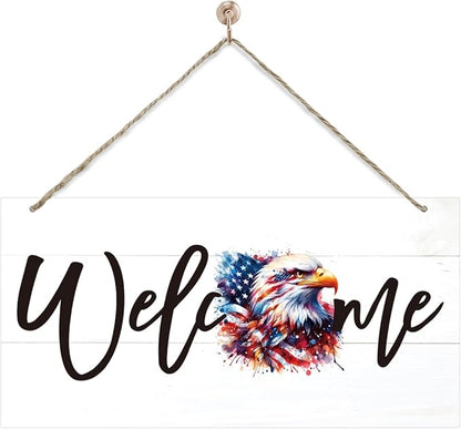 Welcome Sign for Front Door, Welcome Decor Wooden Hanging Sign for Wall Decor, American Bald Eagle Pattern Hanging Signs, Funny Wooden Outdoor Front Door Decoration 13.8X6.9 inches