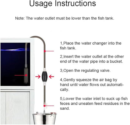 Aquarium Siphon Water Changer Kit Manual Gravel Vacuum with 5.25ft Hose 2 Rigid Tubes Total 7.2ft Air Bulb Flow Control Valve Duck Bill Head for Fresh and Saltwater Tanks