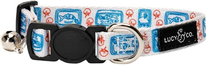 Lucy & Co. Tinned Fish Breakaway Cat Collar with Bell – Designer Print Adjustable Safety Collar for Cats, Kittens & Small Dogs, Lightweight Pet Collar for Boy & Girl Cats – Small