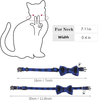 Breakaway Cat Collar with Bell and Bow, 2-Pack Plaid Kitten Collar with Bell, Bowtie Puppy Collars for XXS Xs Small Little Pet Tiny Dogs, Red+White